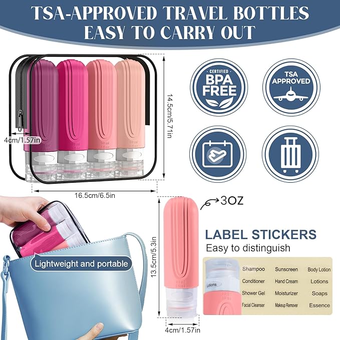 Travel Bottles for Toiletries, 3oz TSA Approved Travel Size Toiletries, Silicone Leak-Proof Refillable Containers, Squeezable Liquid Essentials Bottles W/Clear Bag (RED)