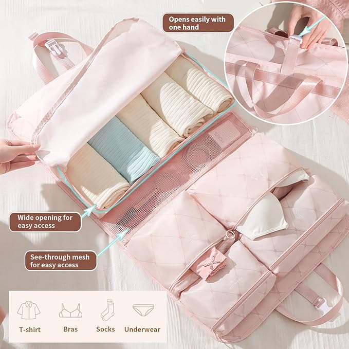 7-in-1 Travel Storage Bag, Foldable Hanging Packing Cube with Compartments for Clothes, Pink