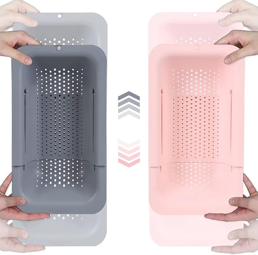 BLUE GINKGO Sink Colander Baskets - (Pack of 2) Wash Vegetables and Fruits, Drain Cooked Pasta and Dry Dishes - Extendable - New Home Kitchen Essentials (Grey & Pink)