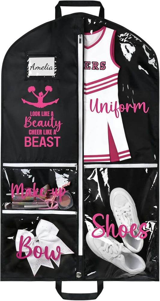 DEEKA Cheer Garment Bag for Hanging Clothes with Zipper Pockets Cheer Accessories Mom Essentials Uniform Costume 40 Inch Black Bags Stuff for Cheerleading Girls (Black,Hot Pink-Cheer Quote)