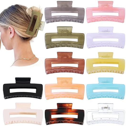 12 Pack Large Square Hair Claw Clips for Women and Girls, 4.1 x 2.1 x 1.2 inch, 12 Rubber Paint and Plastic Materials, Non-Slip Jumbo Jaw Design - Jelly