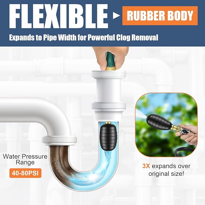 3 Pcs Drain Bladder Kit, Drain Cleaning Bladder Fits 1" to 6" Pipes, with 10 ft Retractable Hose, Shut-Off Valve & Brass Faucet Adapter Fits Most Faucets– For Sinks, Showers, Pools & Drains (Green)