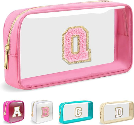 Small Clear Personalized Initial Makeup Bag, Preppy Nylon A-Z Chenille Letter Patch Makeup Organizer TSA Approved Travel Toiletry Bag,Waterproof Zip Beach Cosmetic Pouch Purse for Women(Pink-Pink Q)
