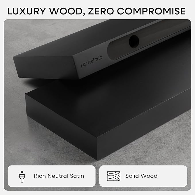 Homeforia Floating Shelf Black 12 inch, High End Solid Real Wood Small 12inch Floating Shelves for Wall Mounted, Black Wooden 12 in Floating Shelves, Heavy Duty Bracket, 12 X 6.5 X 1.75 inch, Set of 3