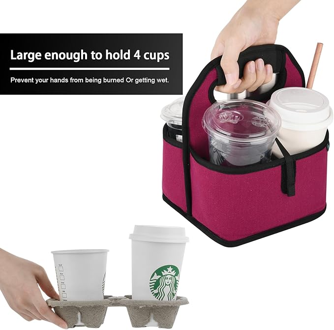 Beautyflier Reusable Insulated Coffee Cup Carrier, Portable Drink Holder with Handle Organizer Tote Bag for Hot & Cold Drinks (Wine Red)