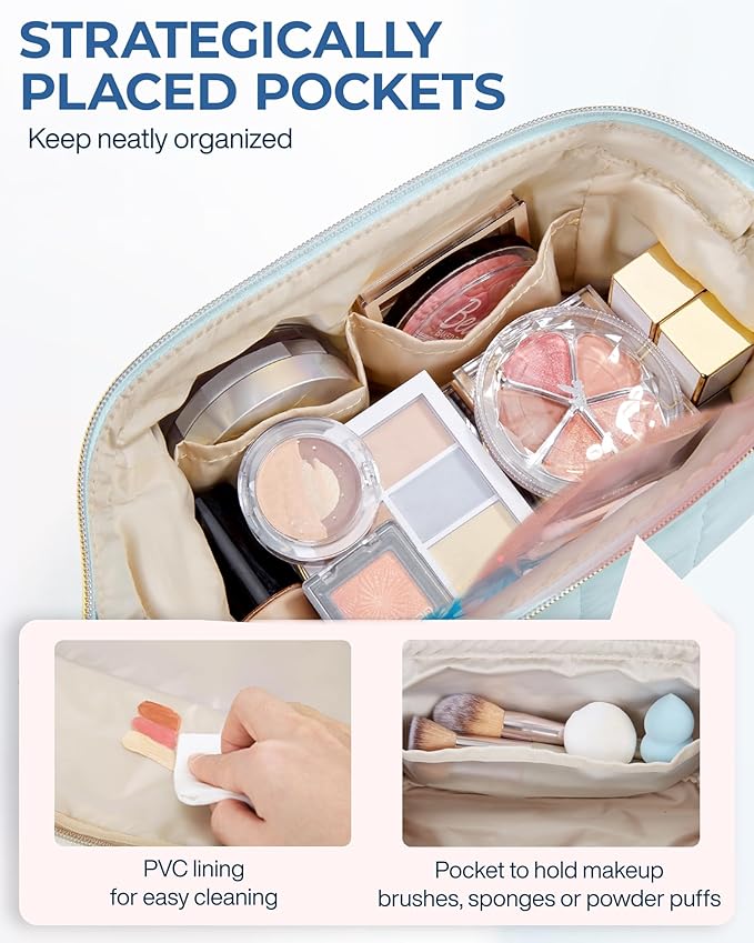 BAGSMART Makeup Bag Travel Toiletry Bag, Puffy Padded Makeup Bags for Women Makeup Organizer Case, Wide-open Pouch Purse Travel Essentials Toiletries Accessories Brushes, Light Blue