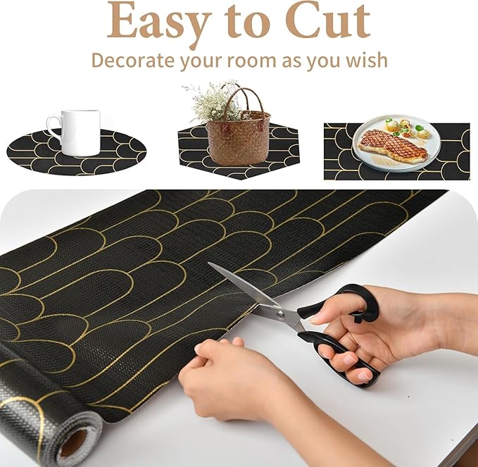 Shelf Liners for Kitchen Cabinets Drawer Liner 12in x 30FT Non Adhesive Black Gold Line Thickened Refrigerator Shelf Liner Paper Strong Easy to Clean for Tool Box with Knife and Tape Measure