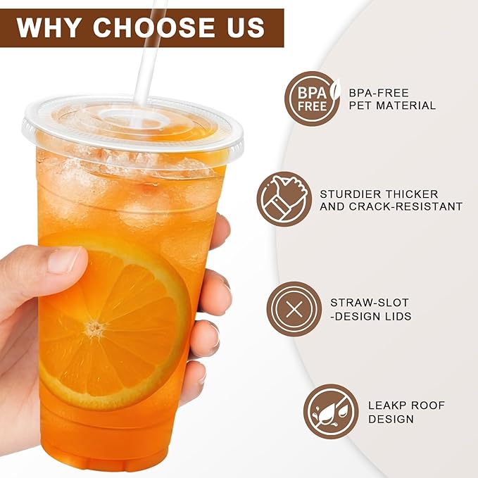 Lamosi 100 Pack 24 oz Clear Plastic Cups with Lids and Straws, Disposable Iced Coffee Cups with Lids for To-Go Cold Drinks, Smoothies and Slushie