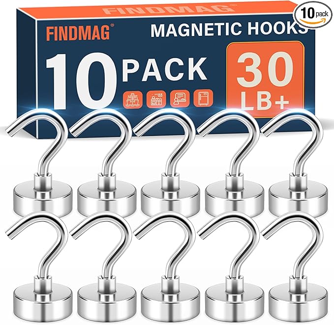 FINDMAG Magnetic Hooks, 30lbs Magnet Hooks Cruise Cabin Ship Essentials 2026, Rare Earth Magnets with Hooks, N52 Magnetic Hooks for Hanging, Home, Kitchen, Office (10 Pack, Silver)