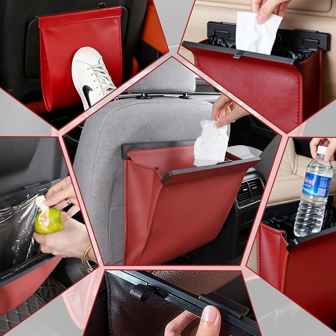 HZEL Car Trash Can, Multifunctional Leather Hanging Leakproof Backseat Garbage Container Bin, Auto Interior Backseat Dustbin Trash Bag Storage Organizer, Universal for SUV RV Truck (Light Brown)