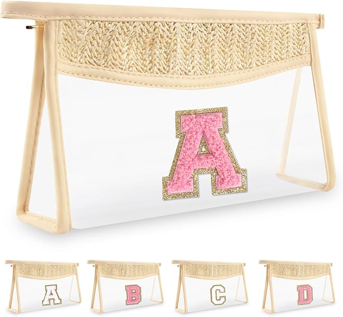 Small Boho Straw Initial Letter Makeup Bag Personalized Gift ,Cute Clear Chenille Patch Makeup Bag With Zipper,Trendy TSA Approved Travel Toiletry Bag,Gift for Women Girls Birthday Friend, Letter A