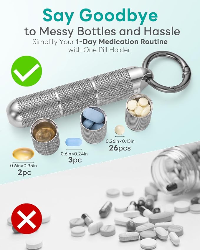 TISUR Titanium Keychain Pill Holder Small Metal Pill Case, Pill Organizer Portable Waterproof Pill Container, Travel Pill Bottle Box for Purse (Large-0.63in 3 Separate Compartments)