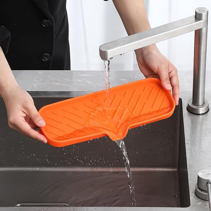 Silicone Bathroom Soap Dishes with Drain Spout-Bathroom and Kitchen Sink Organizer,Sponge Holder,Dish Soap Tray,Perfect for Dispenser,Scrubber,Bottle,Cup on Sink or Counter-Orange 12"×4"