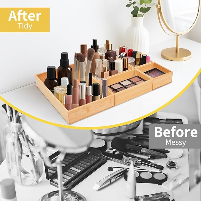 5PCS Bamboo Drawer Organizer with Adjustable Wood 2 Drawer Dividers, Stackable Makeup Desk Junk Storage Boxes Container Trays with 7 Grid for Kitchen Utensils,Bathroom, Office