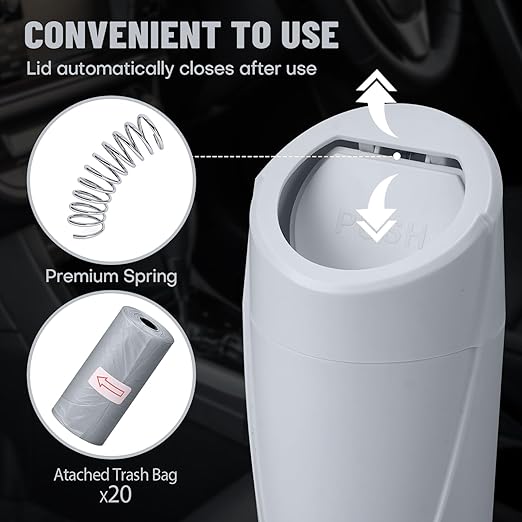 SGLRT Car Trash Can Bin with Lid - Car Garbage Can Cup Holder - Grey Mini Leakproof Vehicle Garbage Bin with 40pcs Trash Bags-Automotive Organizers and Storage for Front Back Seat Accessories