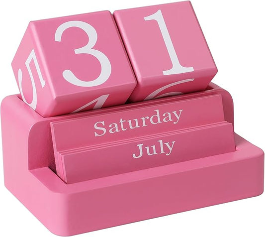 Wooden Block Calendar for Desk, Daily Desktop Perpetual Desk Calendar, Modern Farmhouse Aesthetic Desk Accessories for Home Office Decor, Teacher, Classroom, Reusable Yearly, Pink