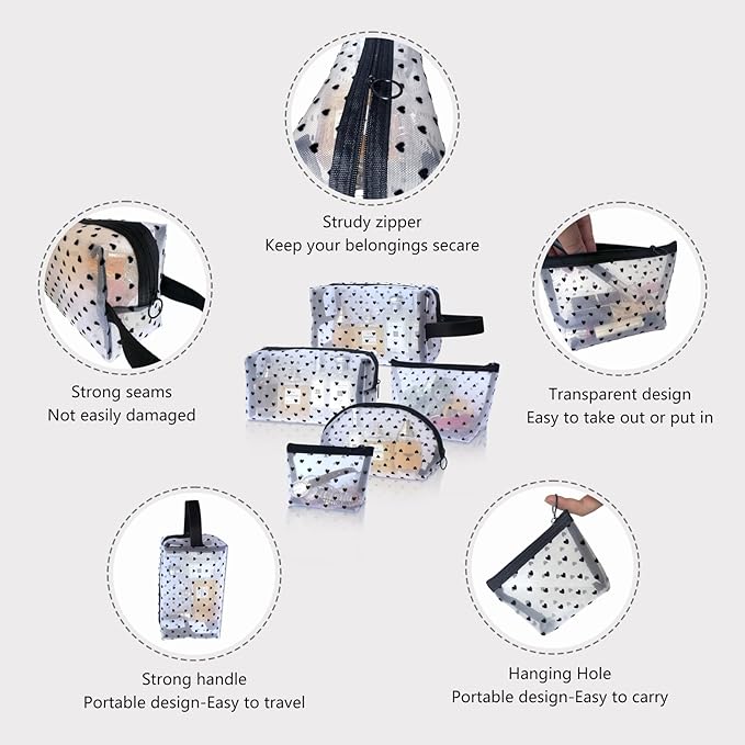 5-Piece Heart Printed Mesh Makeup Bag Set, Portable Travel Cosmetic Toiletry Purse Bags, Zipper Storage Pouches for Home Offices Travel Accessories (White)