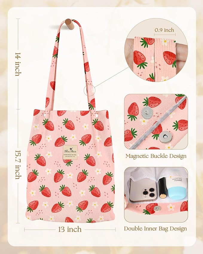 Miss Adola Corduroy Tote Bag for Women - Reusable Totes with Pocket & Buckle Cute Aesthetic Shoulder Bag for Work Travel