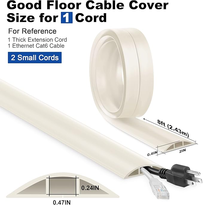 Floor Cable Cover 8FT Beige, Low Profile Wire Cover for Floor, Extension Cord Cover, Cord Cover Floor Protect Wires, Tough Cord Floor Cover, Floor Cable Management Cord Cavity: 0.47" (W) x 0.24" (H)