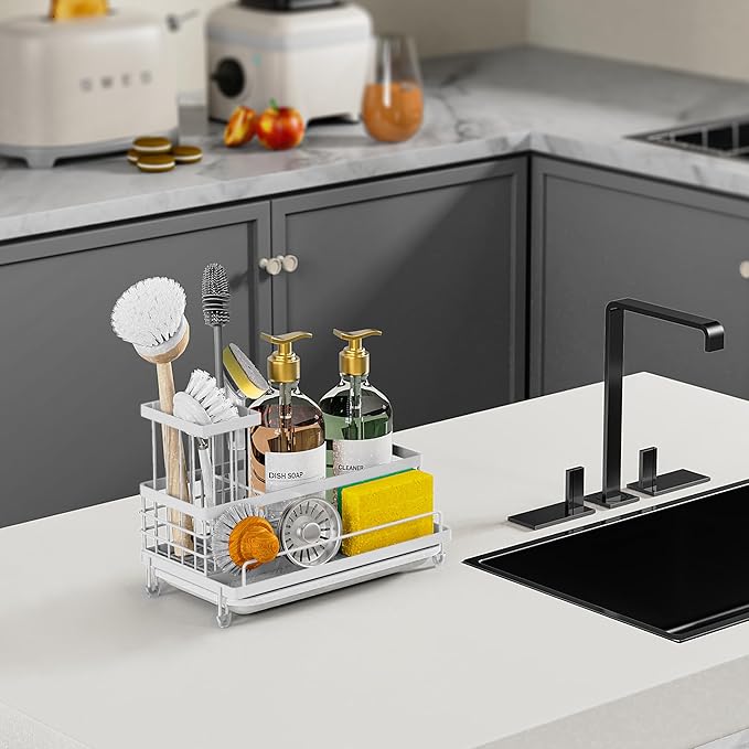 Cisily Stainless Steel Kitchen Sink Caddy Organizer, Sponge Holder for Sink Rustproof, Non-Slip Soap Dish Dispenser Brush Holder Storage, Home & Kitchen Essentials Accessories (White)