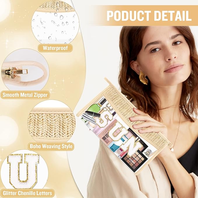 2 Pcs Boho Straw Clear Makeup Letter Pouch, Sunscreen Pouch for Beach Travel, Waterproof Beach Toiletry Sun Bag Accessories for Women