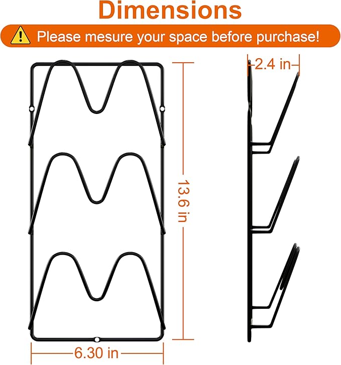 2 Pack Pot Lid Organizer Rack, 6 Tier Hanging Pot Lids Holder Inside Cabinet Door, No Drilling Adhesive Wall Mounted Pan Lid Organizer, Kitchen Cooking Lid Storage Rack for Cupboard (Black)