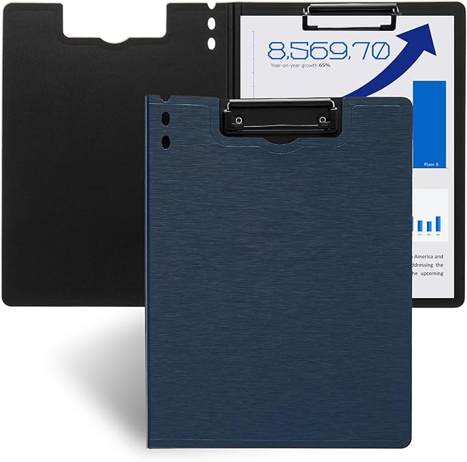 Y YOMA Clipboard Folder, A4 Foldable Plastic Clipboard with Metal Clip, 360° Rotating Cover, Waterproof Work Folder for Home, Office, School, Field Work, Outdoor - 2 Pack, Dark Blue
