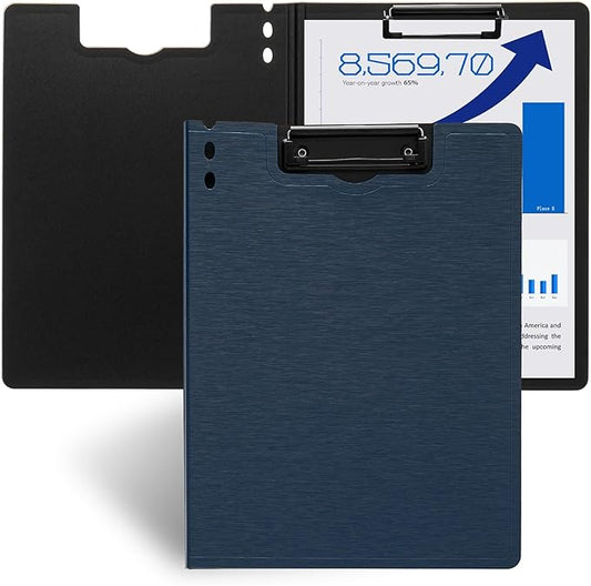 Y YOMA Clipboard Folder, A4 Foldable Plastic Clipboard with Metal Clip, 360° Rotating Cover, Waterproof Work Folder for Home, Office, School, Field Work, Outdoor - 2 Pack, Dark Blue