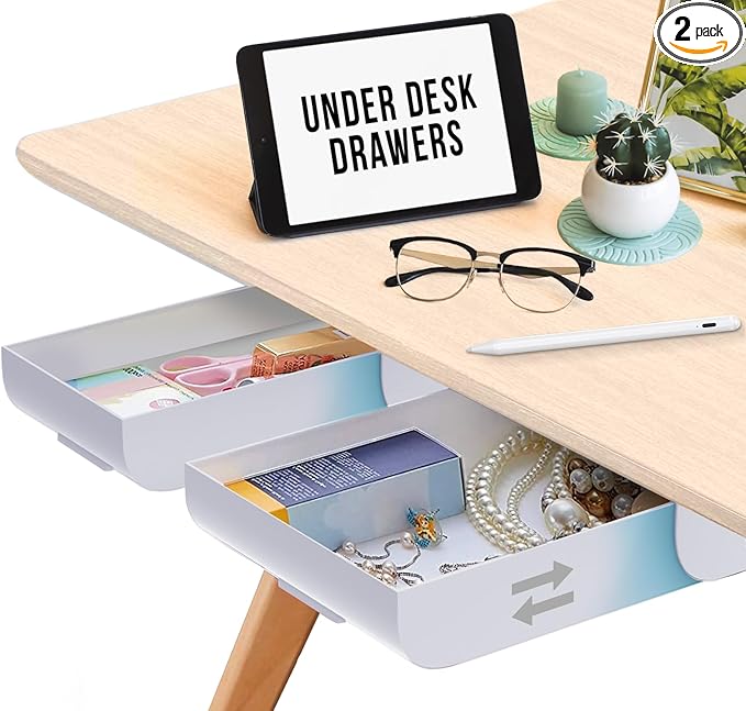 2 Pack Under Desk Drawer Organizer, Slide Out Storage for Pens, Cables & Office Accessories with Self Adhesive, No Drill Installation, Hidden Desk Storage for Office and Home