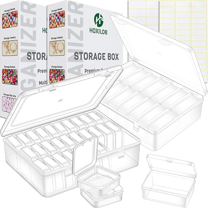 46Pcs Bead Organizer Set, Premium Small and Medium Clear Plastic Storage Boxes for Jewelry Making Crafts Screws Seeds DIY Bracelets Diamond Small Parts, Stackable Containers with Hinged Lid and Labels