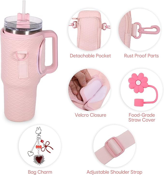 &And Per Se Water Bottle Shoulder Bag for Women, Neoprene Carrier with Phone Pocket & Pink Charm, Adjustable Crossbody Strap Fits Stanley 30oz Tumblers, Gift for Her (Pink)