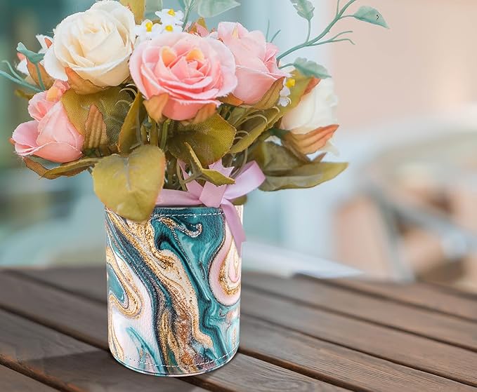 WAVEYU Pen Holder for Women Girls, Pencil Cup Marble Desk Decor, Makeup Brush Holder Large Pu Leather Multi-Functional Organizer Cup for Office, Classroom, Home, Green+Gold