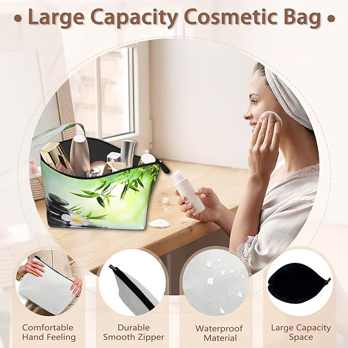 Zen Spa Makeup Bag Travel Cosmetic Bag for Women,Grey Stones Flowers Small Make up Pouch Travel Bags for Toiletries Aesthetic Accessories Waterproof Gifts