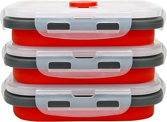 CCyanzi 3-Piece Collapsible Food Storage Containers with Lids, Silicone Lunch Container, Microwave & Freezer Safe, Space Saving for Kitchen Cabinet and Camping Backpack (Red Gray)