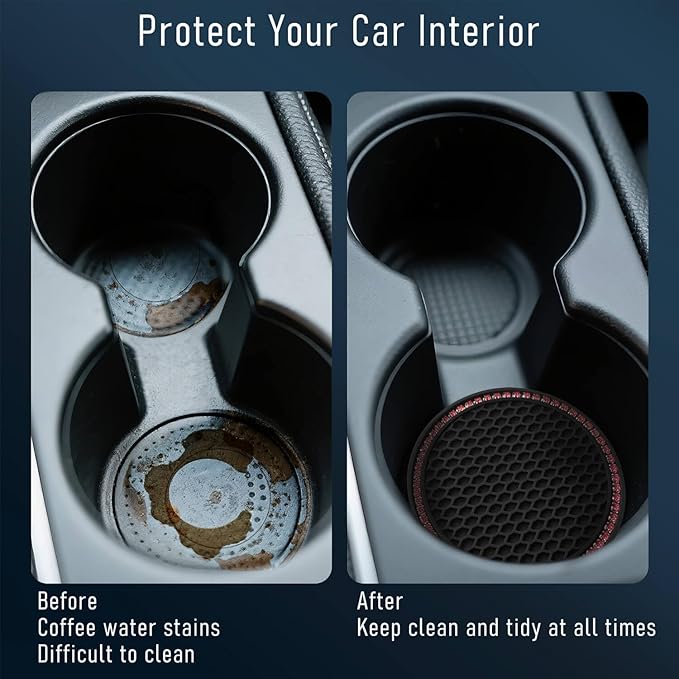 Car Cup Holder Coaster 4 Pack - Non Slip & Shockproof,Flexible PVC Rubber Insert for Car/Truck/SUV/Van (2.75"x0.2") Universal Fit Auto Cup Holders Accessories (Diamond Cup Coaster Pink)