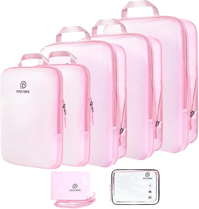 PFEYRPK Lightweight Compression Packing Cubes for Suitcases, Compressible Expandable Travel Packing Organizer with Clear Toiletries and Backpack Bag, Travel Essentials for Carry-on Luggage 7 Set
