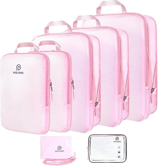 PFEYRPK Lightweight Compression Packing Cubes for Suitcases, Compressible Expandable Travel Packing Organizer with Clear Toiletries and Backpack Bag, Travel Essentials for Carry on Luggage 7 Set
