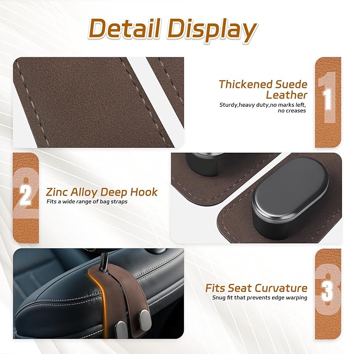 Fitnice Car Seat Headrest Hooks - 4 Pack Universal Car Purse Hook, Leather Car Bag Purse Holder with Double Metal Hooks for Handbags, Grocery Bags, Bottles, Phones, Brown