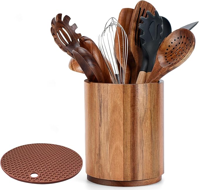 Wooden Utensil Holder,360°Countertop Rotating Extra Large Cooking Utensil Holder 7.6" Kitchen Holder,Kitchen Utensil Organizer for Countertop Farmhouse Decor