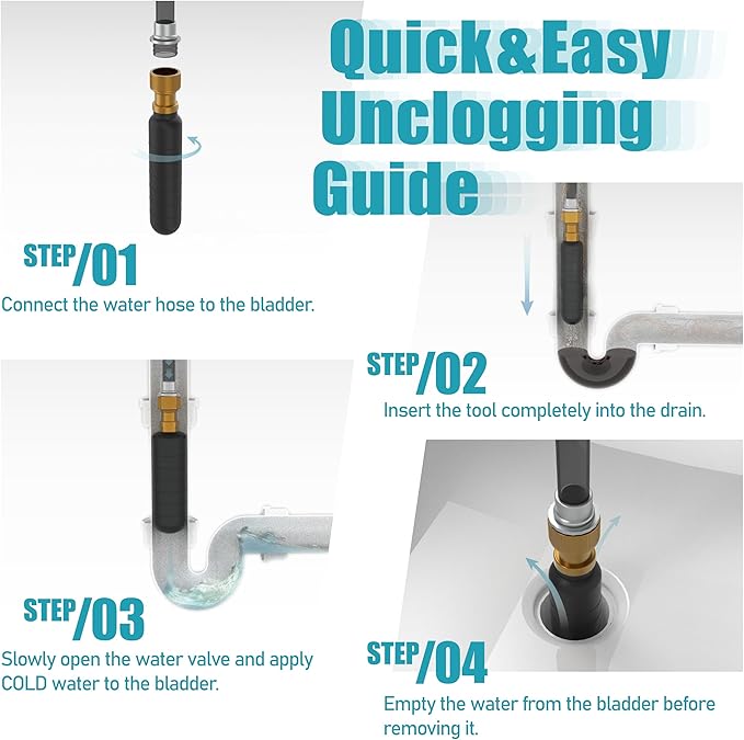 DURATECH Drain Bladder, Medium Drain Cleaning Bladder, Fits 1-1/2" to 3" Drain Pipes, Unclogs Stubborn Blockages in Kitchen Sinks, bathtubs, Showers, and Main drains
