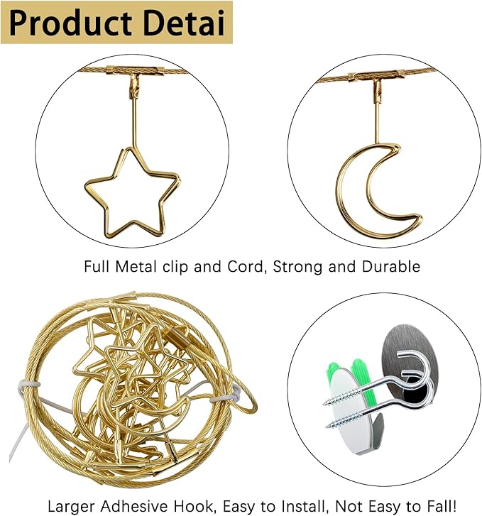 2 Pack Chain Photo Clip Hanging Photo Display Wall Photo Display Metal Photo String with 12 Clips Wall-Mounted Picture Holder for Hanging Painting Family Photos Artworks(Gold-Star and Moon)