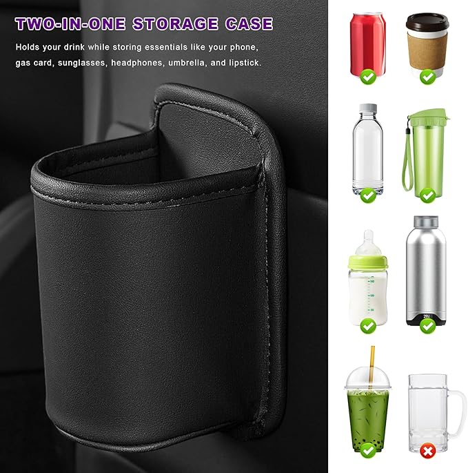 2 PCS Large Car Door Cup Holders, Clip On Beverage Drink Holder Vehicle Door Storage Organizer, Scratch-Resistant Leather Water Bottle Hanging Holder for SUV Sedan Truck (Black)
