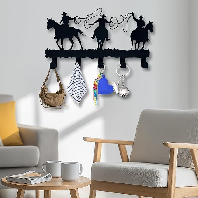 Western Cowboy Coat Hooks - Wall Art Decor and Key Holder, Clothes, Hat, and Backpack Hanger, Sweet Home Storage Decor for Entryway, Hallway, Office, Kitchen, and Living Room