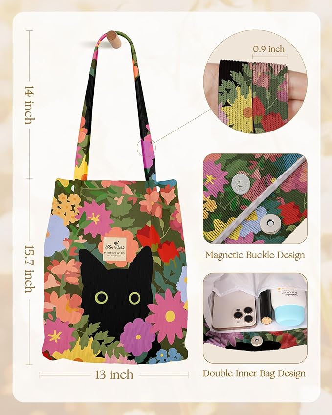 Miss Adola Corduroy Tote Bag for Women - Reusable Totes with Pocket & Buckle Cute Aesthetic Shoulder Bag for Work Travel
