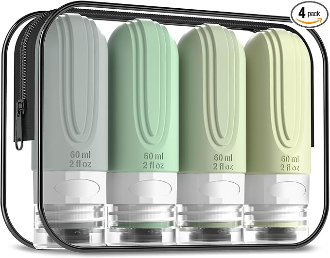 Mrsdry Travel Bottles for Toiletries, Tsa Approved 2oz Travel size Bottles, BPA Free Leak Proof Travels Toiletry Containers, Traveler Accessories with Toiletry Bag for Shampoo Liquid (4 Pack)