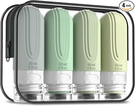 Mrsdry Travel Bottles for Toiletries, TSA Approved 2oz Travel Size Bottles, BPA Free Leak Proof Travel Toiletry Containers, Traveler Accessories with Toiletry Bag for Shampoo Liquid (4 Pack)