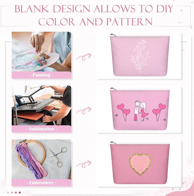 Reginary 10 Pcs Valentine's Canvas Makeup Bags Bulk for Women, Travel Toiletry Cosmetics Bags, Blank DIY Pencil Pouch, Gift for Valentine's Day, Patrick's Day, Wedding, Bridal Shower, Coworker (Pink)