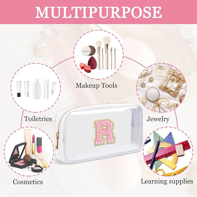 Small Clear Personalized Initial Makeup Bag,Nylon Preppy A-Z Chenille Letter Patch Cosmetic Pouch Beach Toiletry Bag,Waterproof Zipper Travel Purse Storage Bag Organizer for Women Girls(White-Pink R)