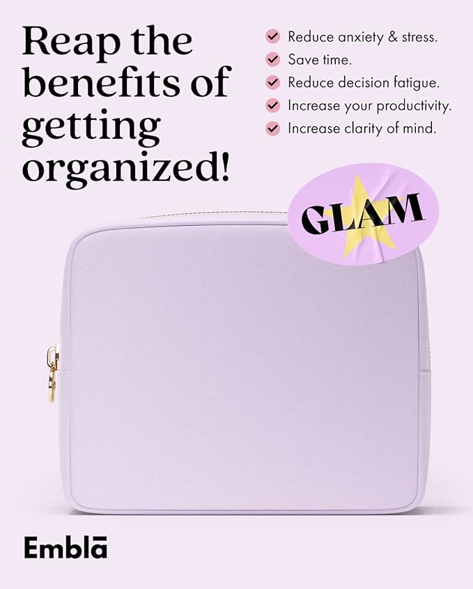 Embla Makeup Bag Travel Cosmetics Pouch and Toiletry Bag, Nylon Zipper Pouch Purse, Cute Make Up Organizer Storage Tote for Women Girls, Waterproof Travel Skincare Case, Large Makeup Bags, Lilac