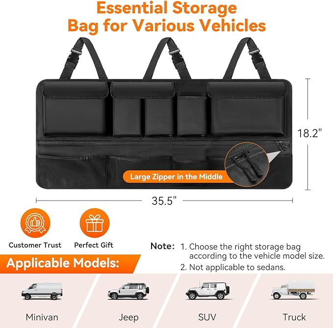 SUV Trunk Organizer, 35.5" x 18.2" Large Capacity Car Organizers and Storage, Backseat Hanging Storage Bag with 10 Pockets, Adjustable & Waterproof Car Interior Accessories for SUV Truck MPV